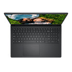 Top view of open Dell Inspiron 3520 laptop showing full keyboard and screen displaying couple lying on grass