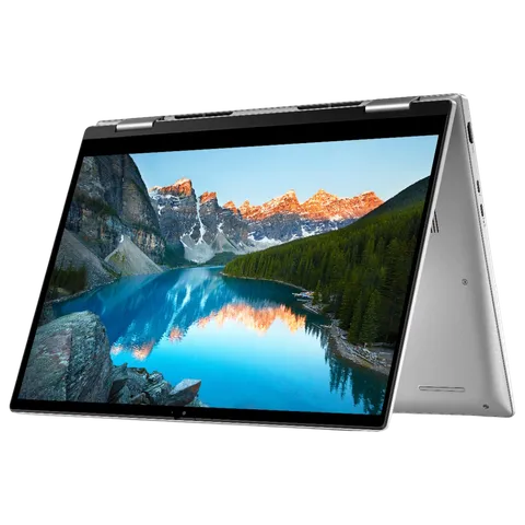 Dell Inspiron 7430 laptop in tent mode showing high-resolution mountain and lake wallpaper