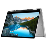 Dell Inspiron 7430 laptop in tent mode showing high-resolution mountain and lake wallpaper