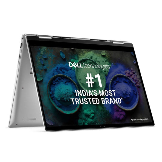 Dell Inspiron 7430 laptop in tent mode with vibrant screen displaying Dell Technologies branding