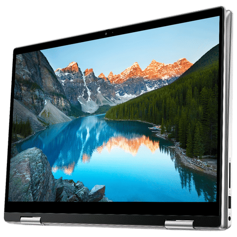 Dell Inspiron 7430 laptop with high-resolution display showing a scenic mountain and lake reflection
