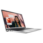 Sleek silver Dell Inspiron15 3530 laptop with open screen displaying a smiling woman on black background