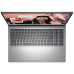 Top view of Dell Inspiron15 3530 laptop showing keyboard and display with a smiling woman on screen