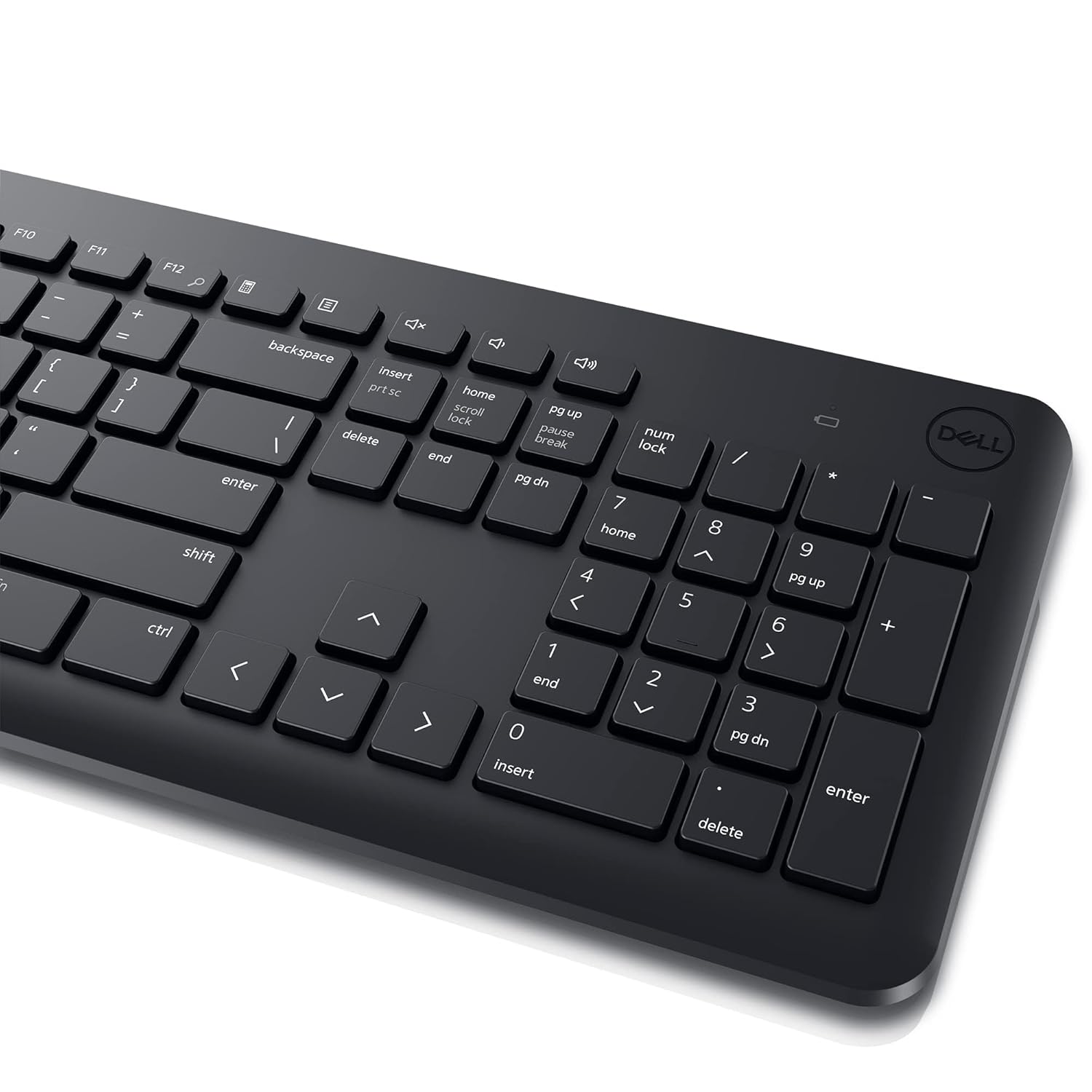 Dell KM3322W wireless black keyboard with full number pad and media control keys close-up