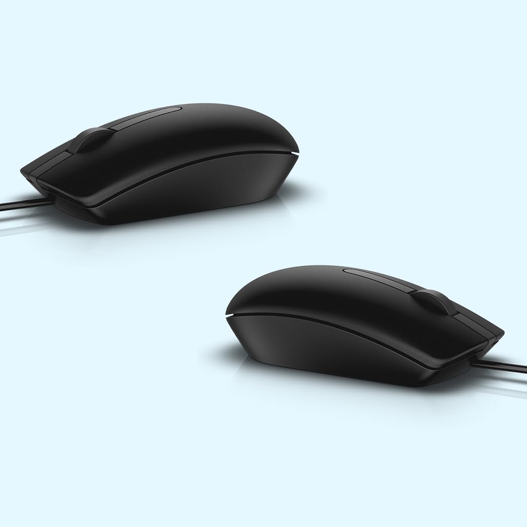 Black Dell MS116 optical mouse shown from two angles with wired connection on white background