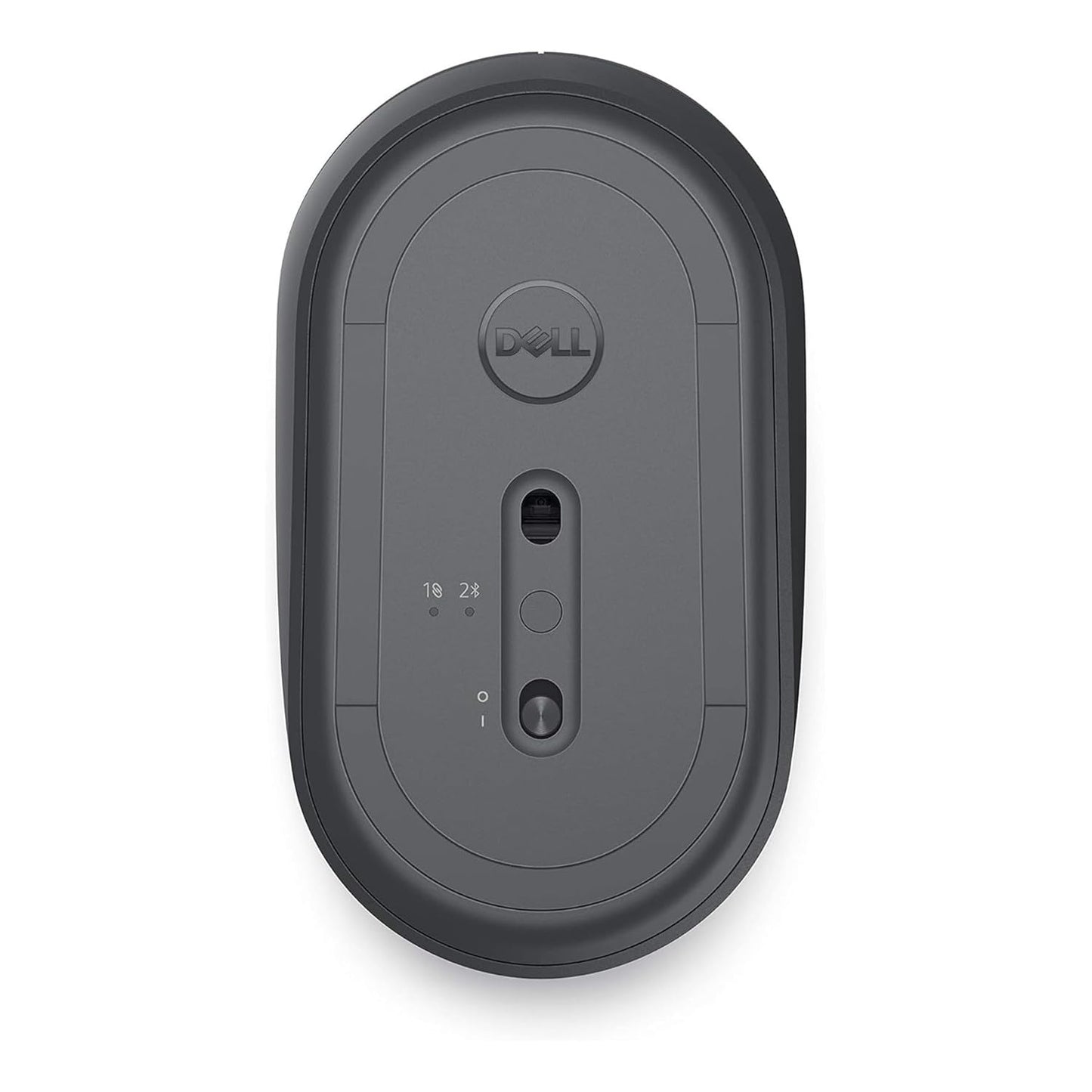 Bottom view of Dell wireless mouse in dark gray showing optical sensor power switch and logo best wireless mouse under 500