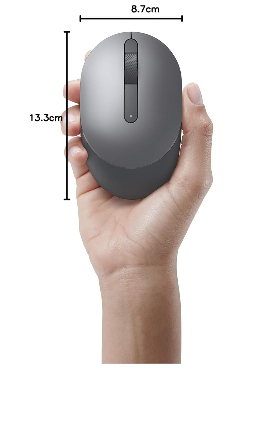 Dell wireless mouse in hand showing dimensions about 13 cm by 9 cm compact ergonomic design best wireless mouse under 500
