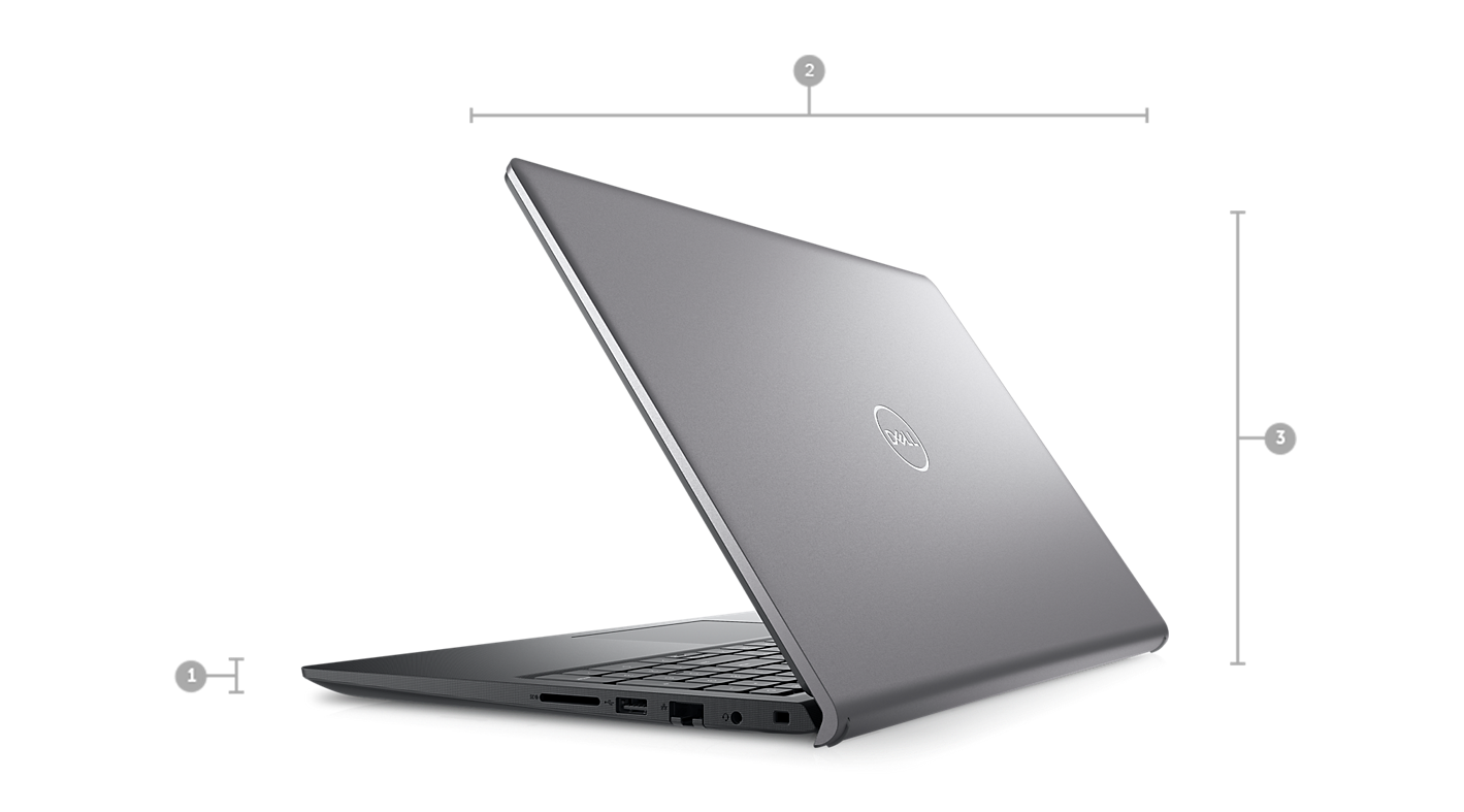 Sleek silver Dell Vostro 3520 laptop partially open showing side ports and back cover design