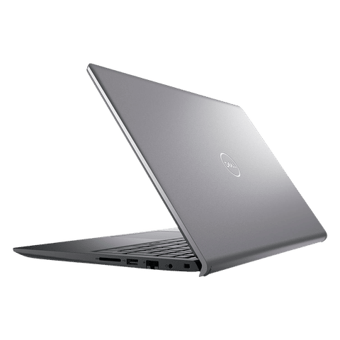 Sleek silver Dell Vostro 3520 laptop partially open showing side ports and keyboard