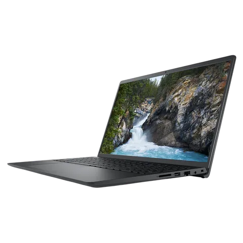 Sleek black Dell Vostro 3520 laptop with i3 processor displaying nature waterfall screen