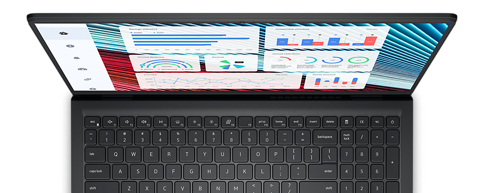Top view of Dell Vostro 3520 laptop keyboard and screen displaying colorful charts and graphs
