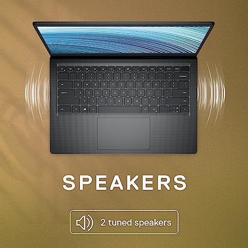 Dell Vostro 3520 laptop top view showing keyboard and screen with sound waves illustrating speakers