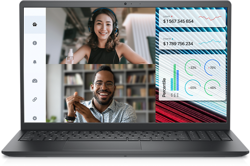 Dell Vostro 3520 laptop with i3 processor showing video call and data analytics on screen