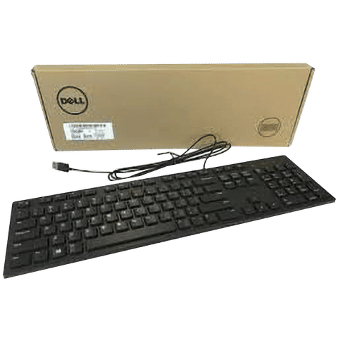 Dell wired keyboard in black with full layout and USB cable next to brown Dell branded box