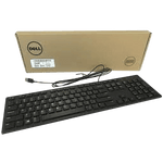 Dell wired keyboard in black with full layout and USB cable next to brown Dell branded box