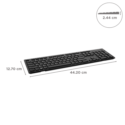 Dell wired keyboard in black with full layout and dimensions shown on a black background