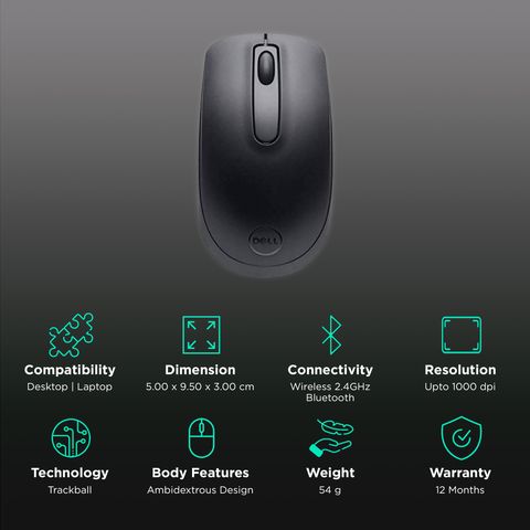 Dell WM118 Wireless black computer mouse with ambidextrous design and Bluetooth connectivity