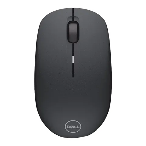 Top view of Dell WM126 Wireless black mouse with scroll wheel and Dell logo