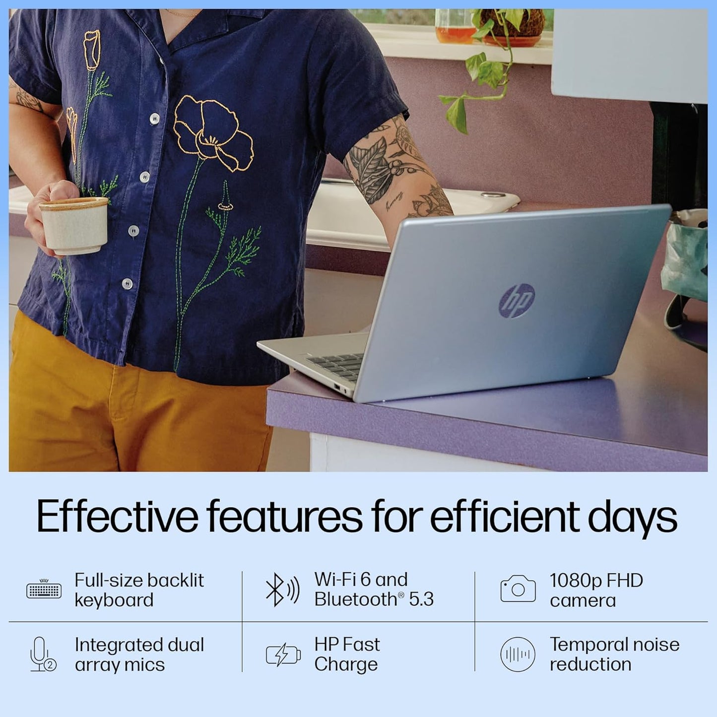 Person using HP 14-gr1022TU laptop on a purple countertop with coffee cup and detailed product features