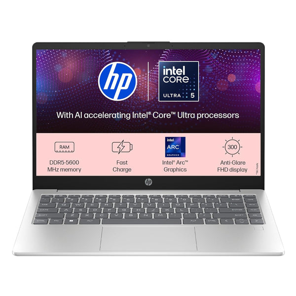 HP 14-gr1022TU laptop with Intel Core i5 processor, DDR5 memory, fast charge, and anti-glare FHD display