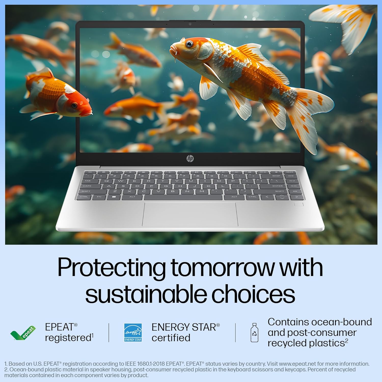 HP 14-gr1022TU laptop with slim silver design displaying vibrant koi fish on screen