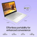 HP 14s-dq5138TU laptop open showing keyboard and display with dimensions and portability features
