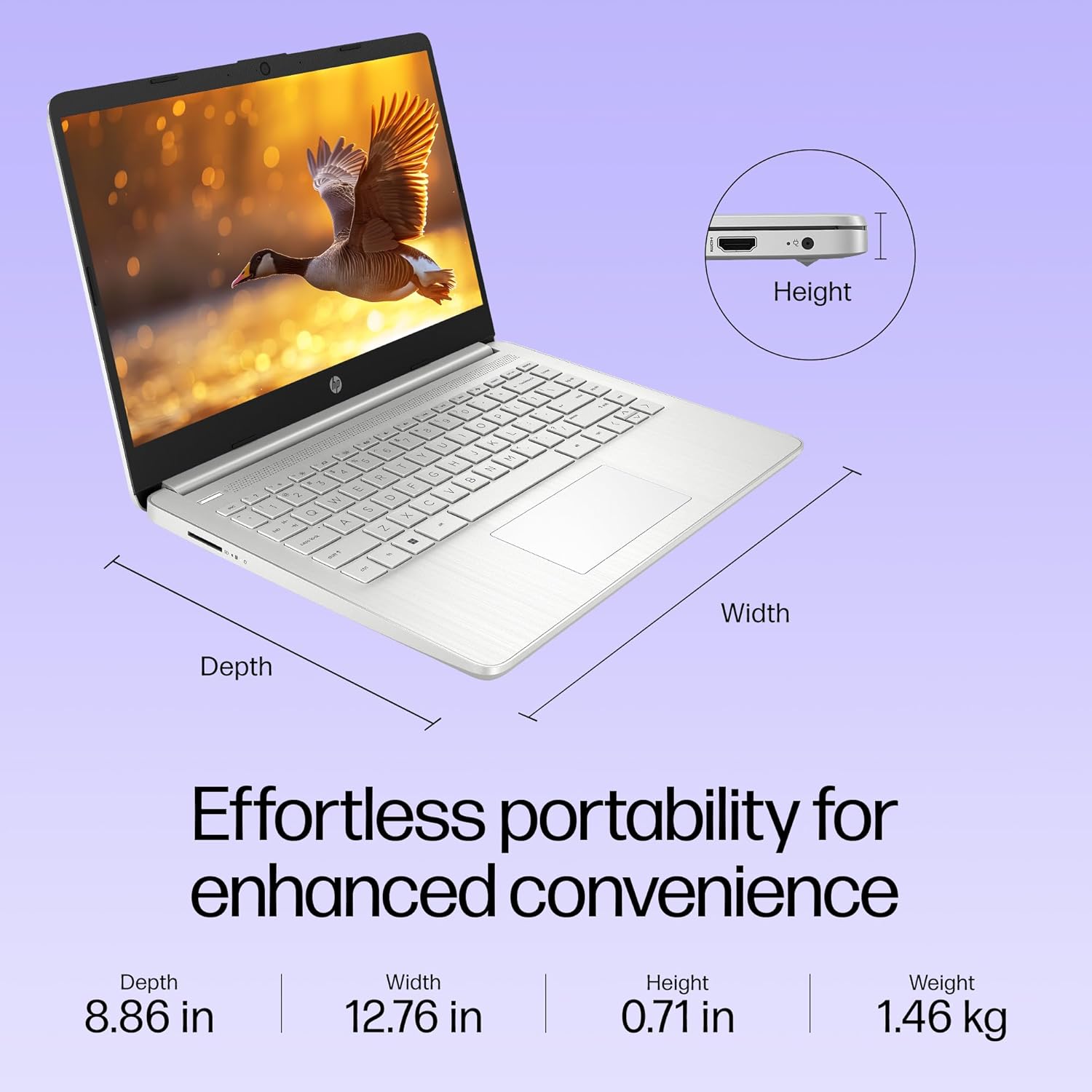 HP 14s-dq5138TU laptop open showing keyboard and display with dimensions and portability features