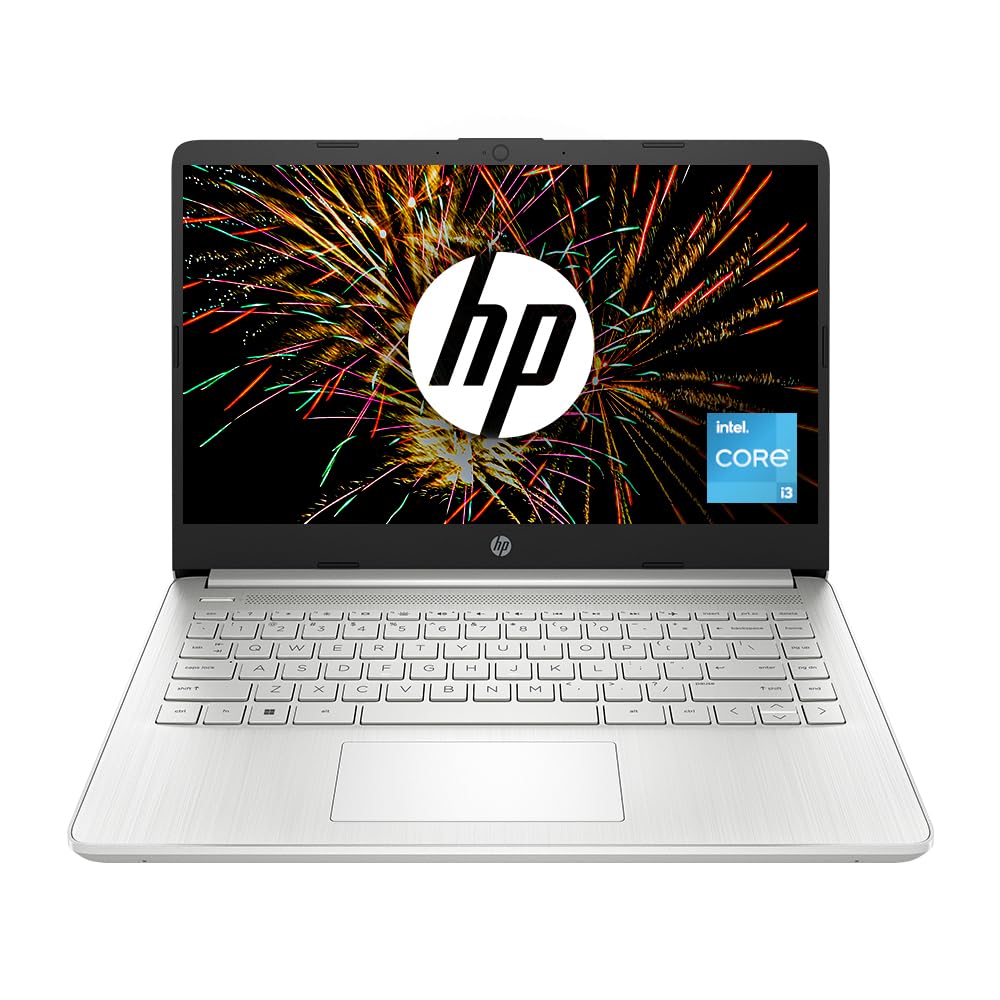 HP 14s-dq5138TU laptop with silver body, full keyboard, and fireworks display on screen