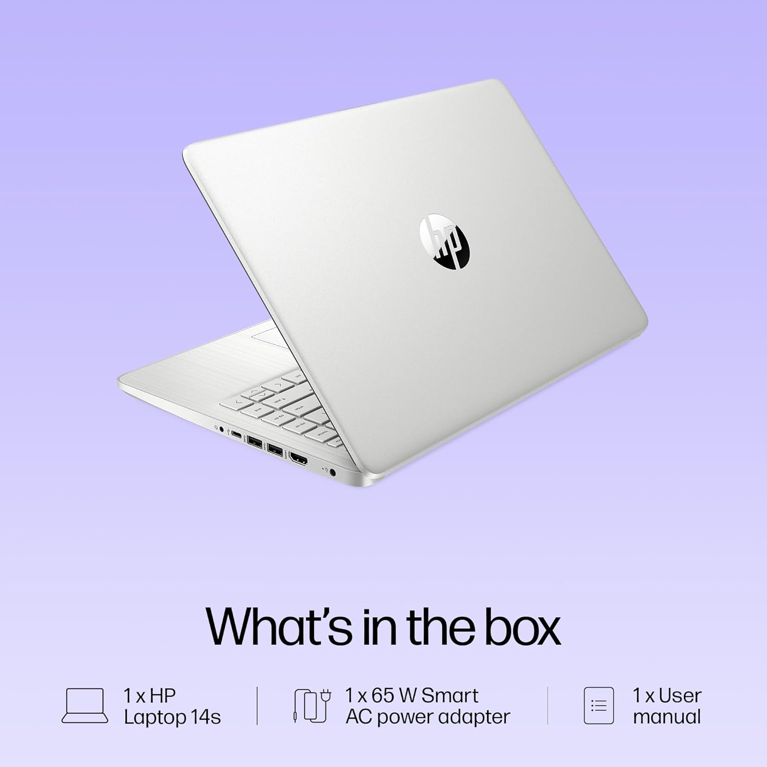 Silver HP 14s-dq5138TU laptop partially open showing side ports with included power adapter and user manual