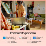 HP 15-fd0112TU natural silver laptop with 12th Gen Intel Core i5 and Intel Iris Xe graphics on a desk