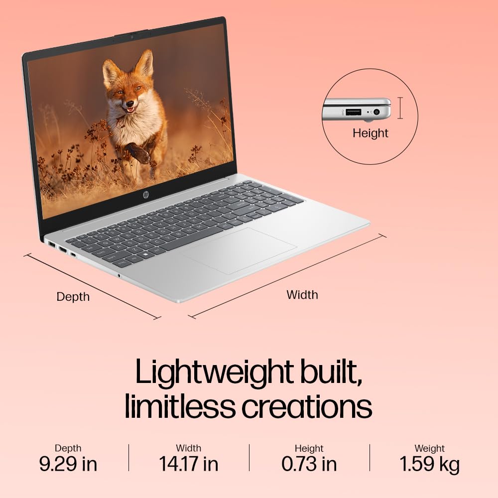 HP 15-fd0112TU natural silver laptop with slim design, lightweight build, and display showing a running fox