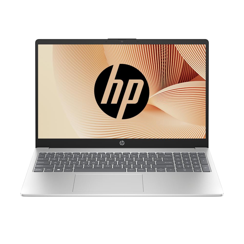Front view of HP 15-fd0112TU natural silver laptop with full keyboard and display screen