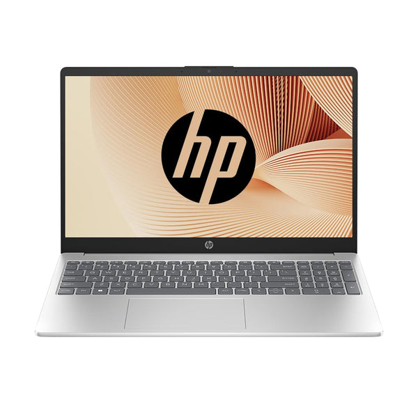 Front view of HP 15-fd0112TU natural silver laptop with full keyboard and display screen