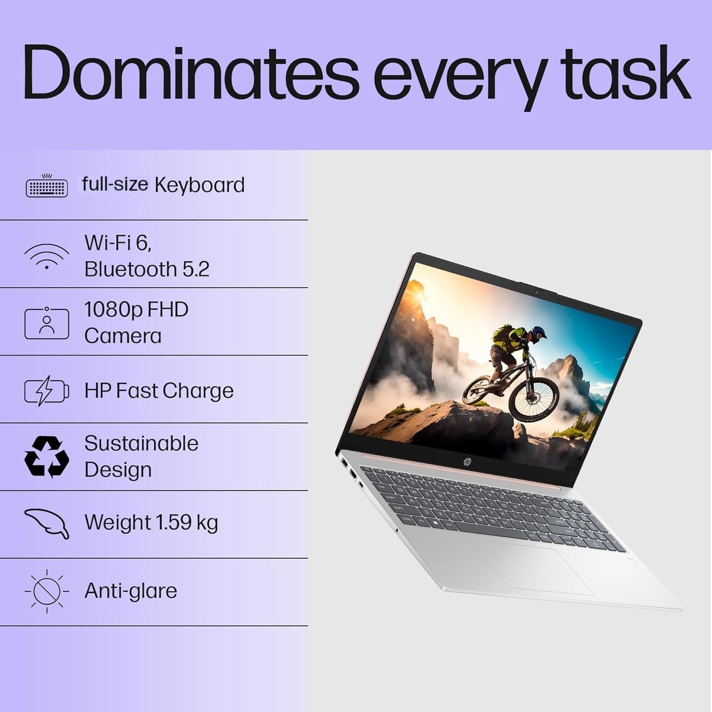 HP 15-fd0186TU laptop with full-size keyboard, 1080p FHD camera, Wi-Fi 6, and anti-glare display