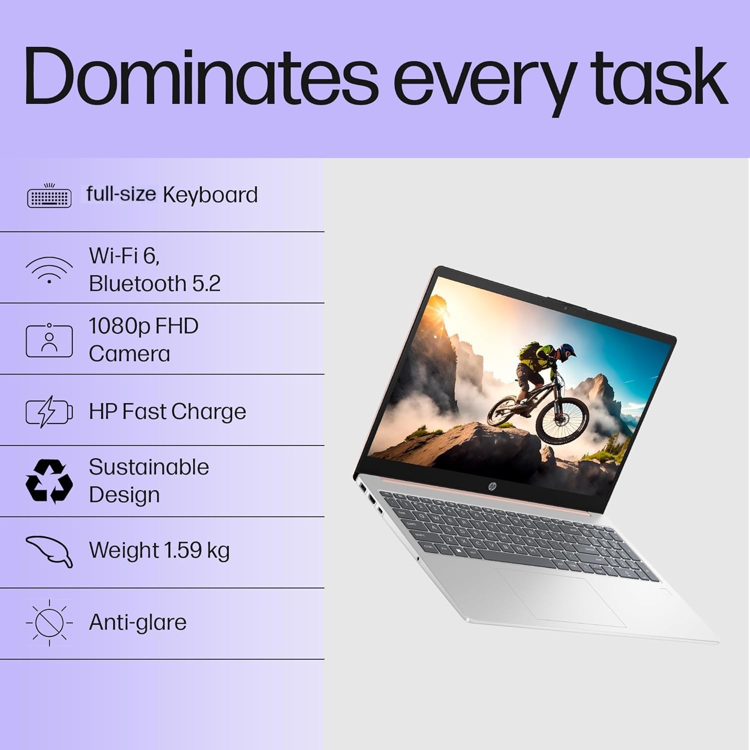 HP 15-fd0186TU laptop with full-size keyboard, 1080p FHD camera, Wi-Fi 6, and anti-glare display