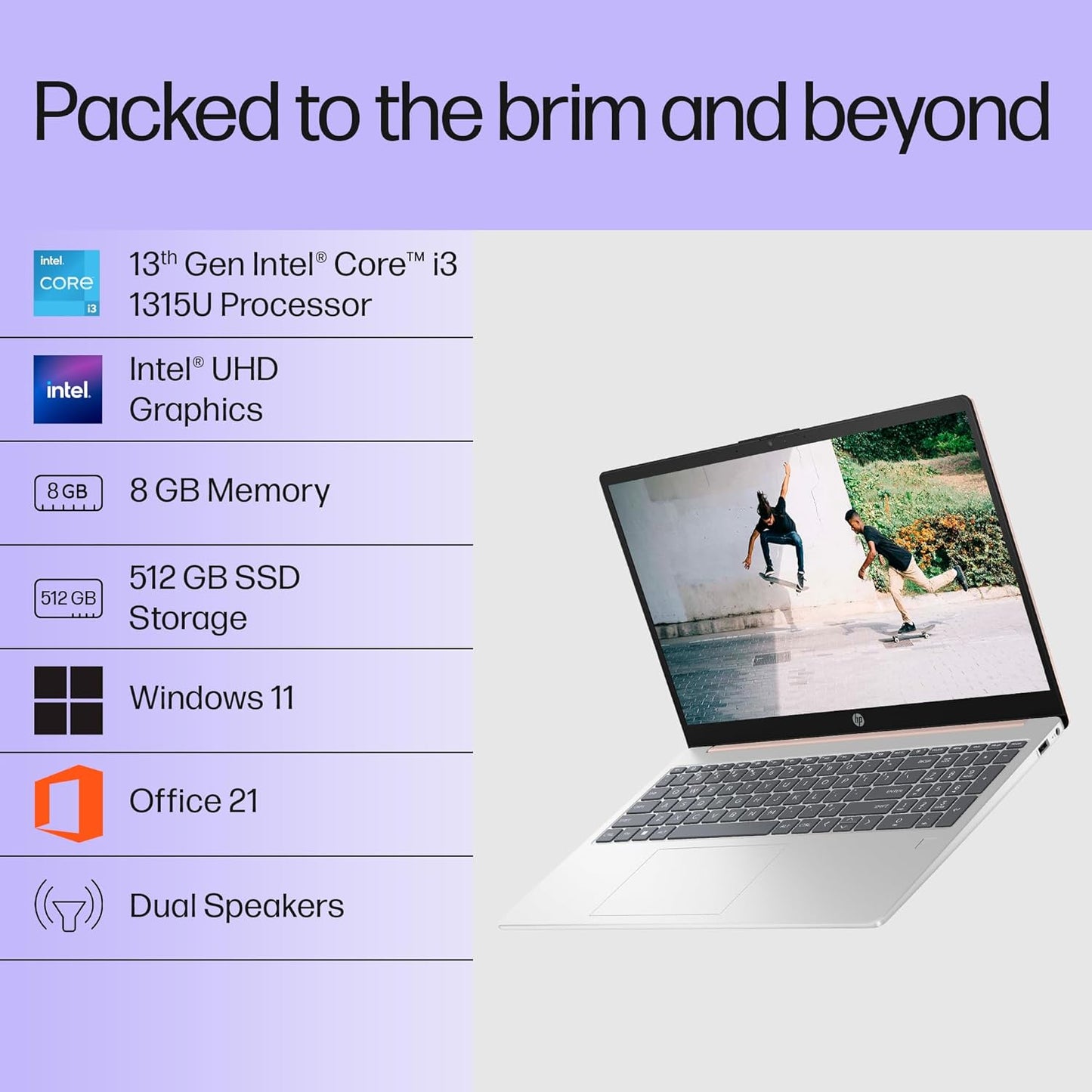 HP 15-fd0186TU laptop with 13th Gen Intel Core i3, 8GB RAM, 512GB SSD, and Windows 11 shown open with skateboarding video