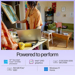 HP 15-fd0186TU laptop in silver with Intel Core i3 processor displayed on a desk