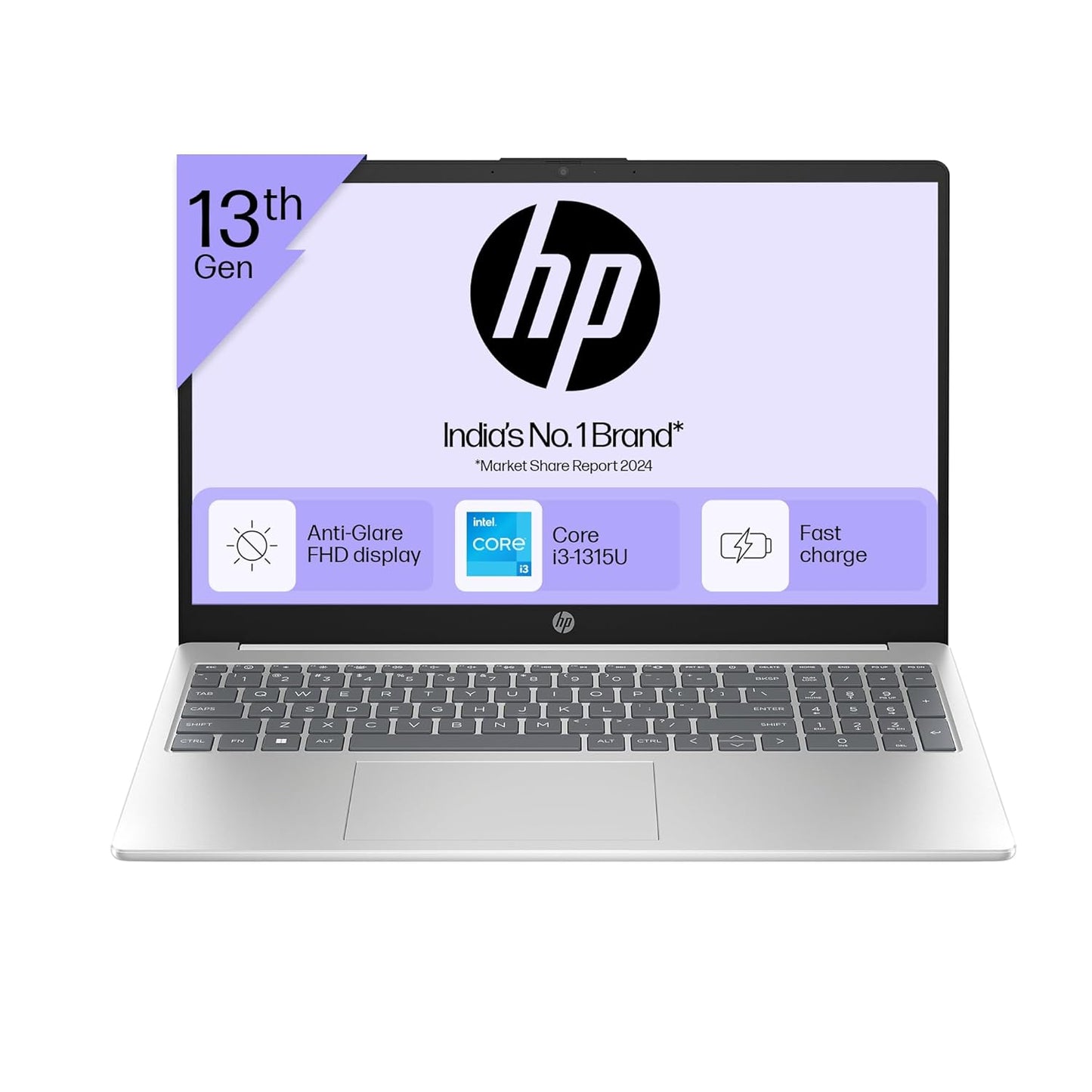 HP 15-fd0186TU laptop with 13th Gen Intel Core i3 processor, anti-glare FHD display, and fast charge feature