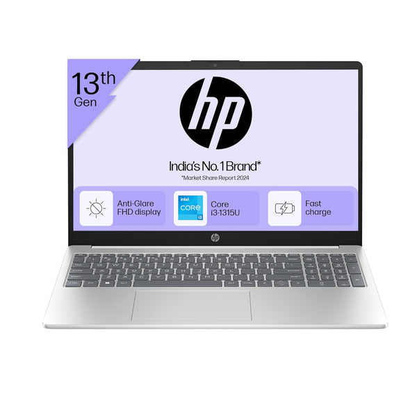 HP 15-fd0186TU laptop with 13th Gen Intel Core i3 processor, anti-glare FHD display, and fast charge feature