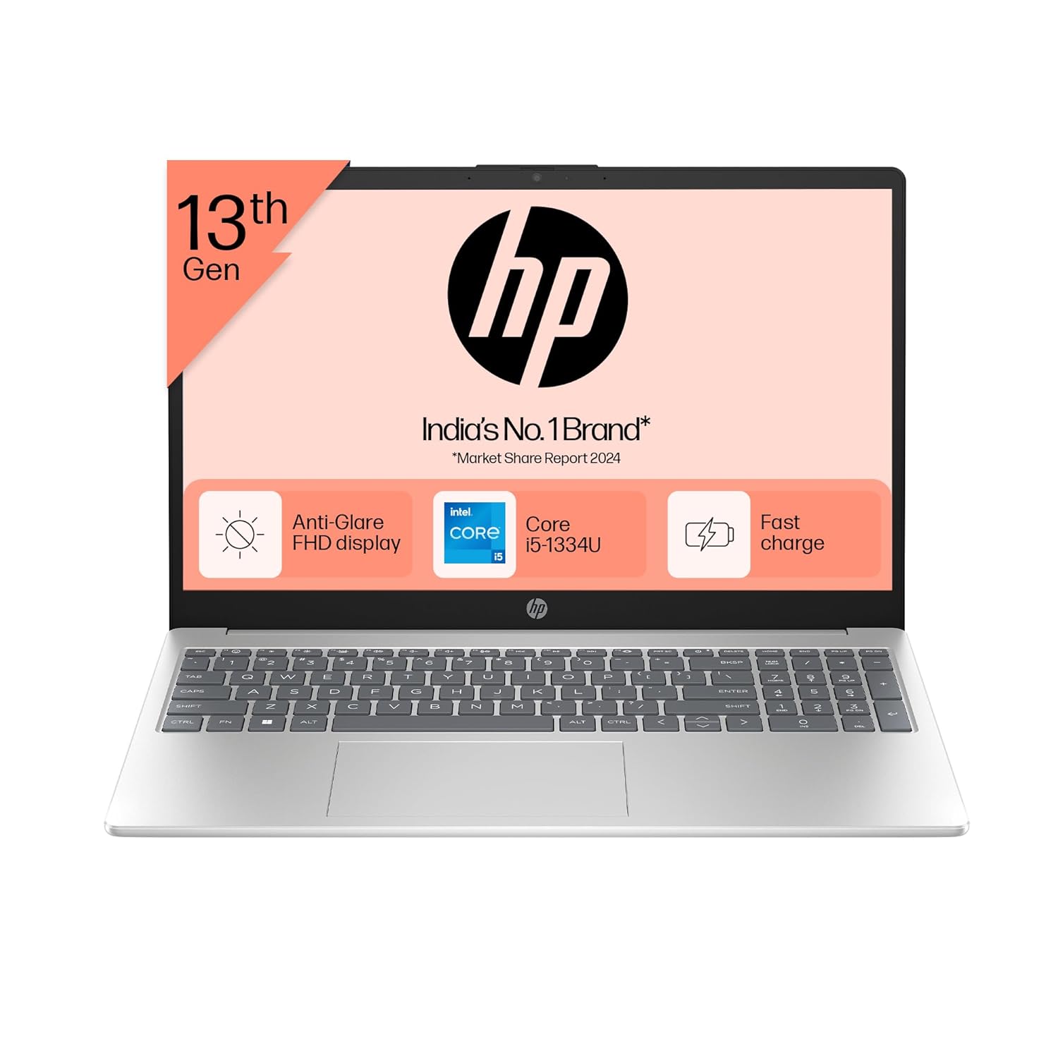 Front view of HP 15-fd0221TU laptop with 13th Gen Intel Core i5 and anti-glare FHD display