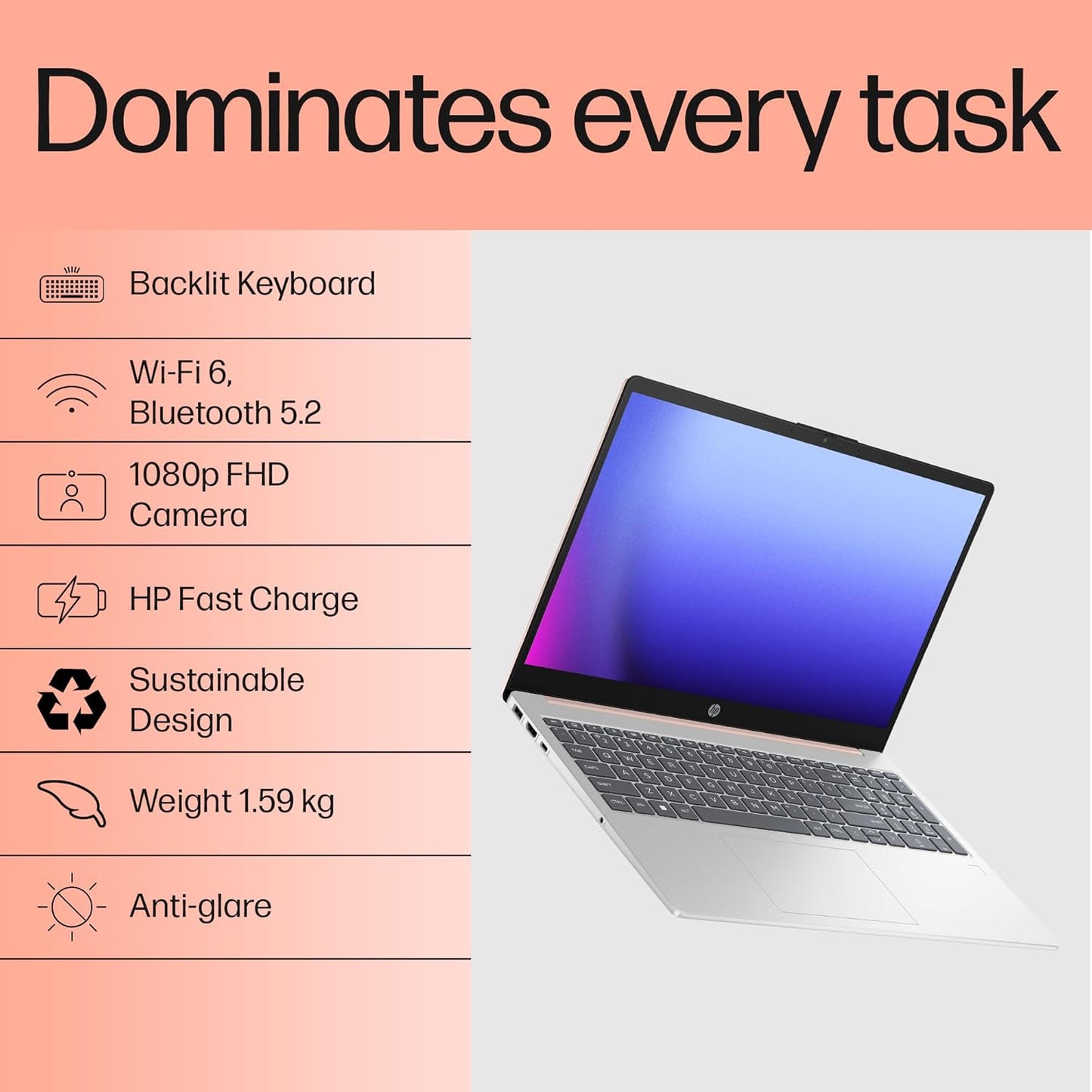 HP 15-fd0221TU laptop with backlit keyboard, 1080p camera, fast charge, and lightweight design