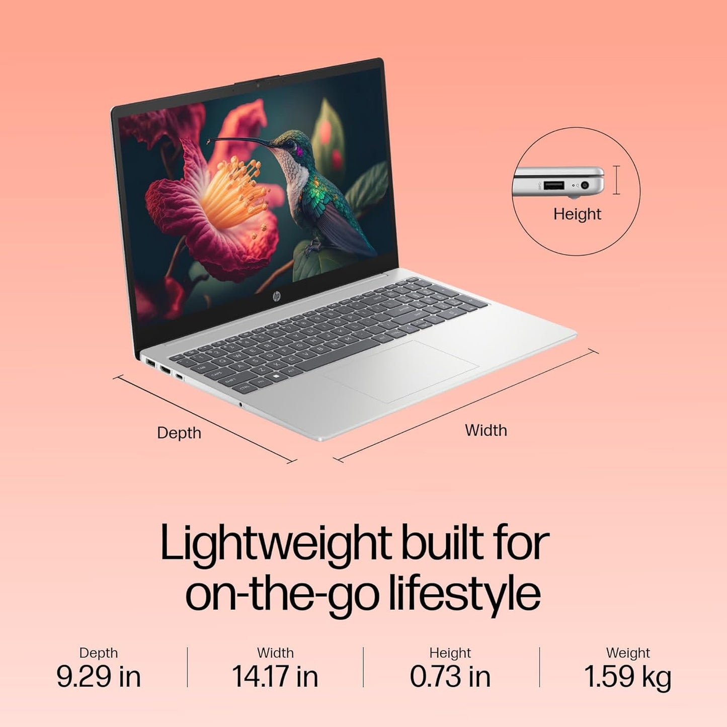 HP 15-fd0221TU laptop with slim lightweight design and detailed dimensions for portable use