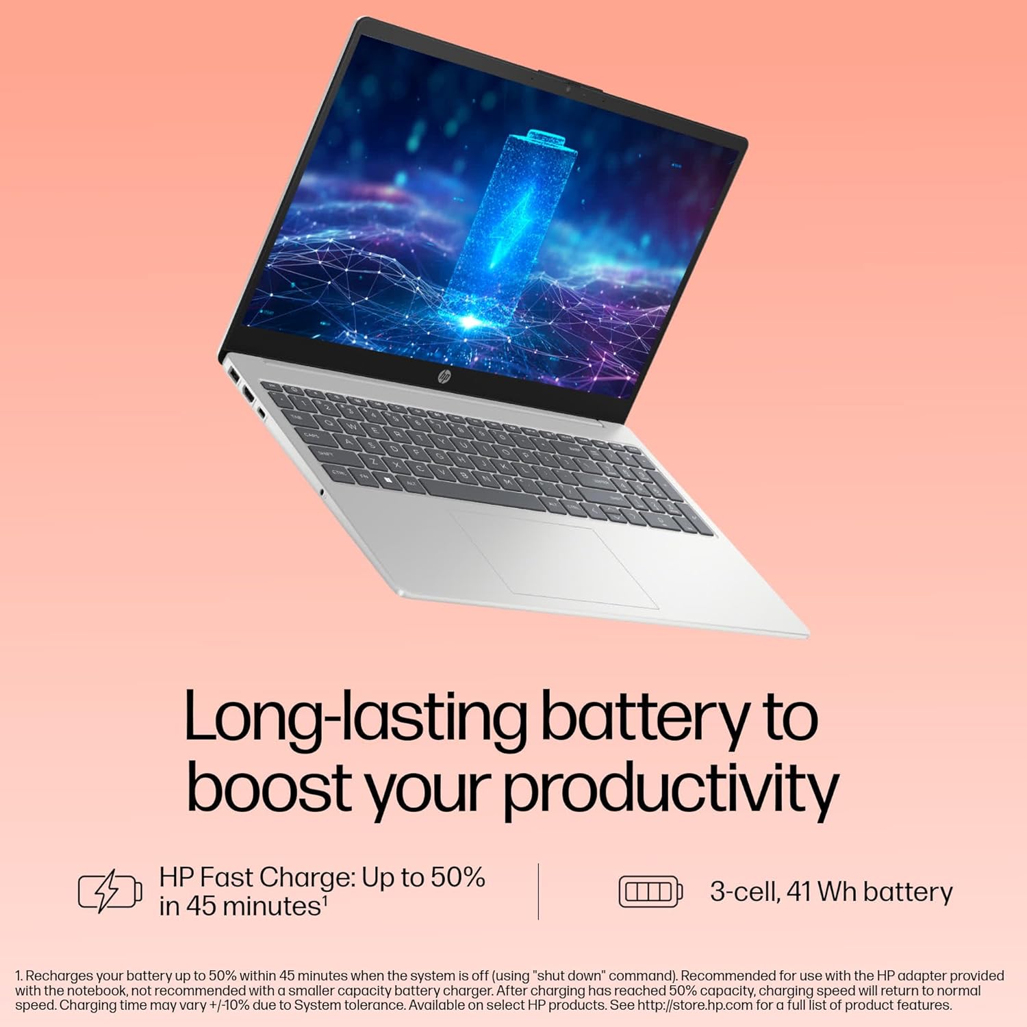 Silver HP 15-fd0221TU laptop with digital battery image on screen highlighting long-lasting battery feature
