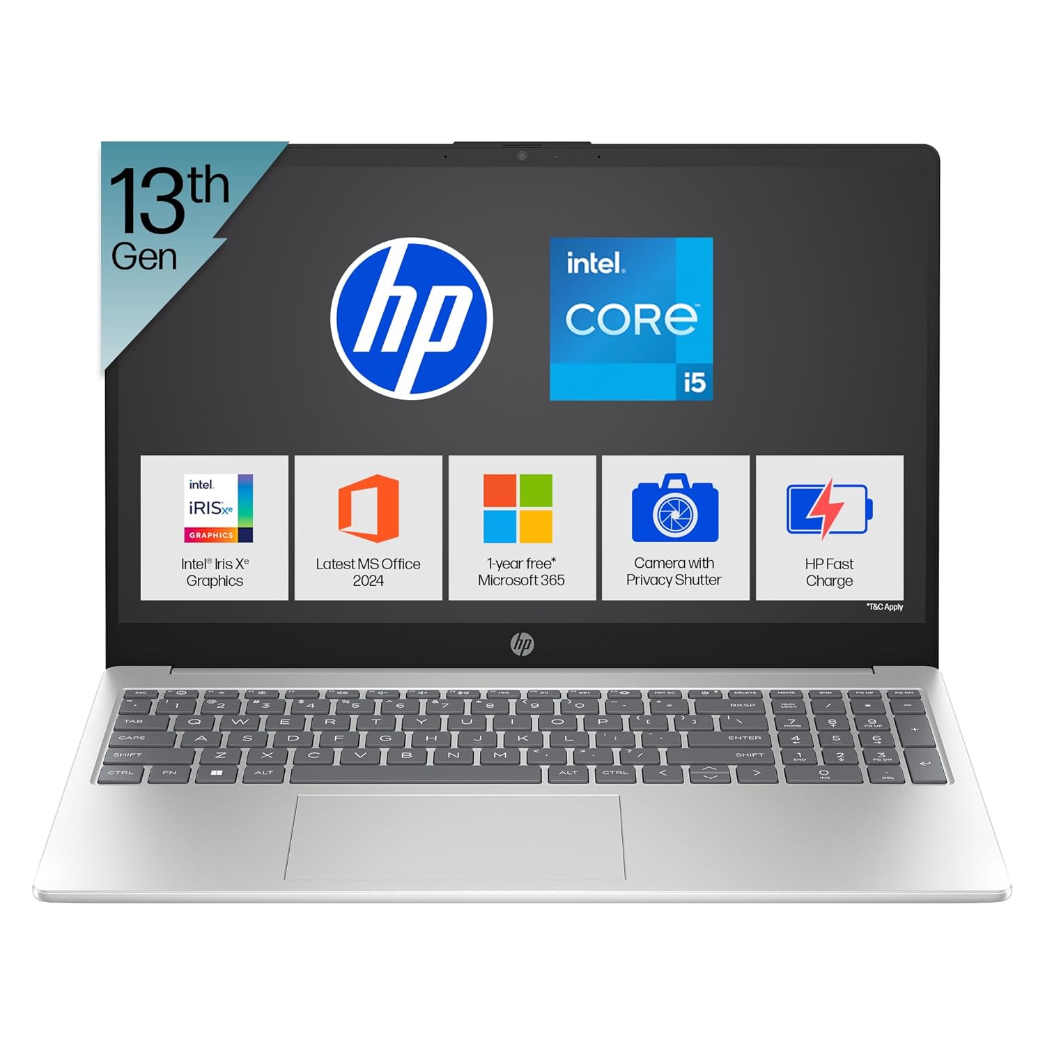 HP 15-fd0467TU laptop with 13th Gen Intel Core i5 processor and silver keyboard