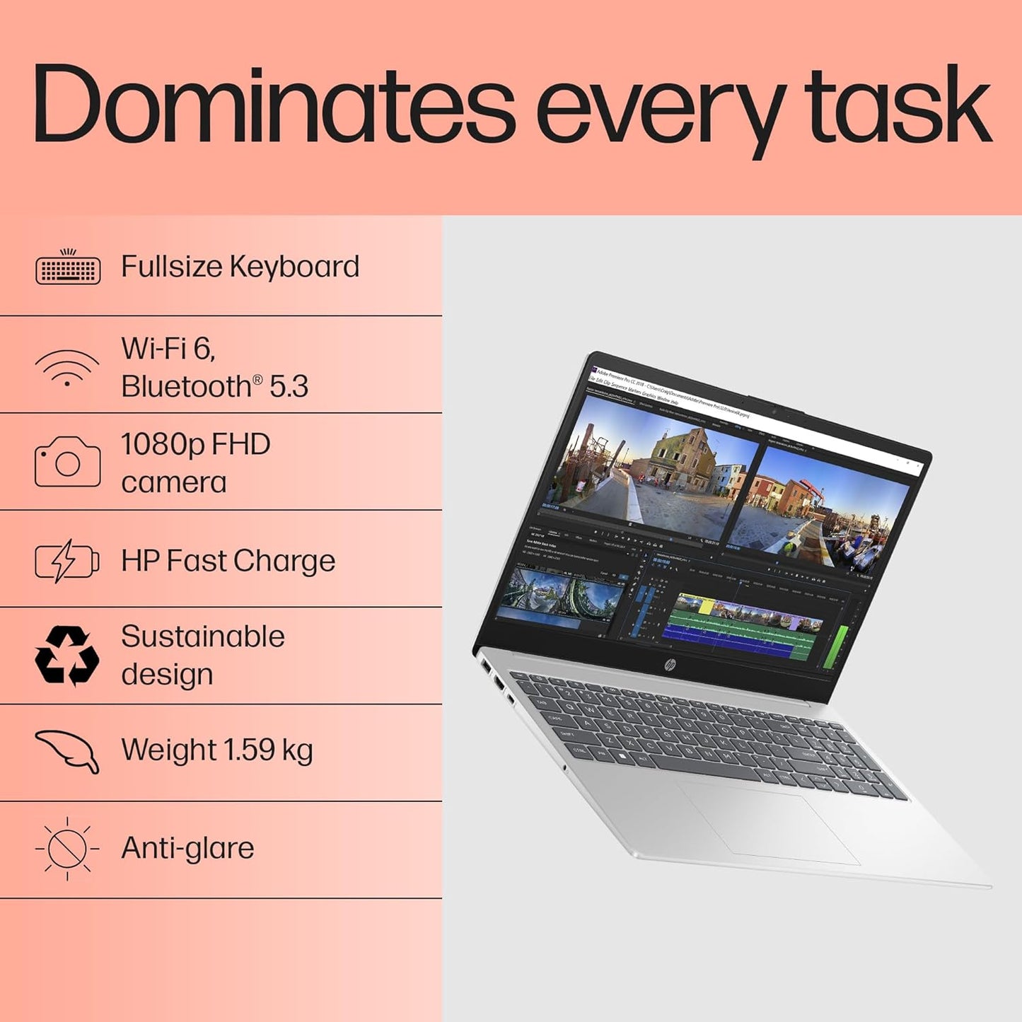 HP 15-fd0467TU laptop with full-size keyboard, 1080p FHD camera, Wi-Fi 6, Bluetooth 5.3, and fast charging