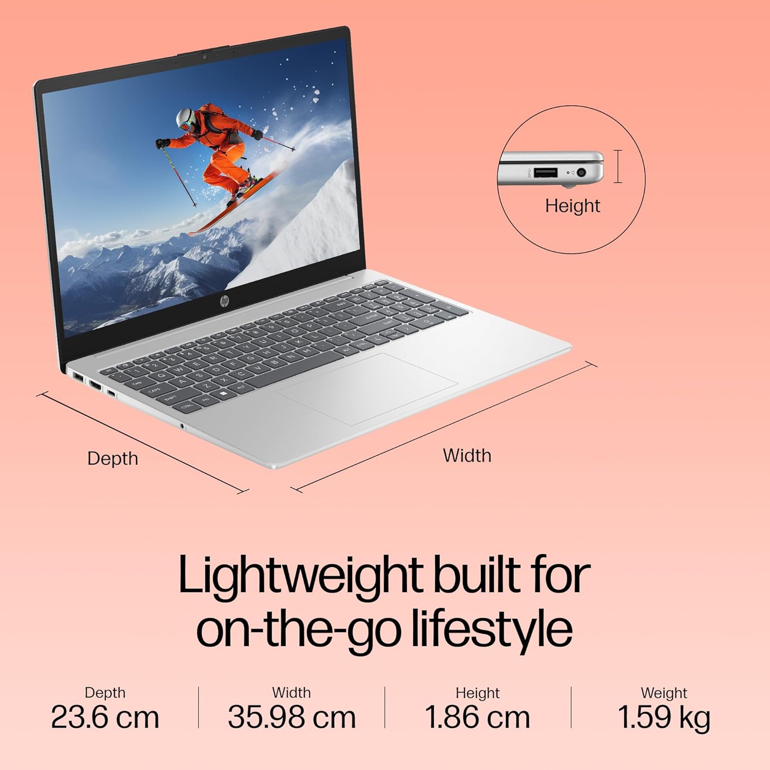 HP 15-fd0467TU laptop silver lightweight design with thin dimensions and on-the-go portability