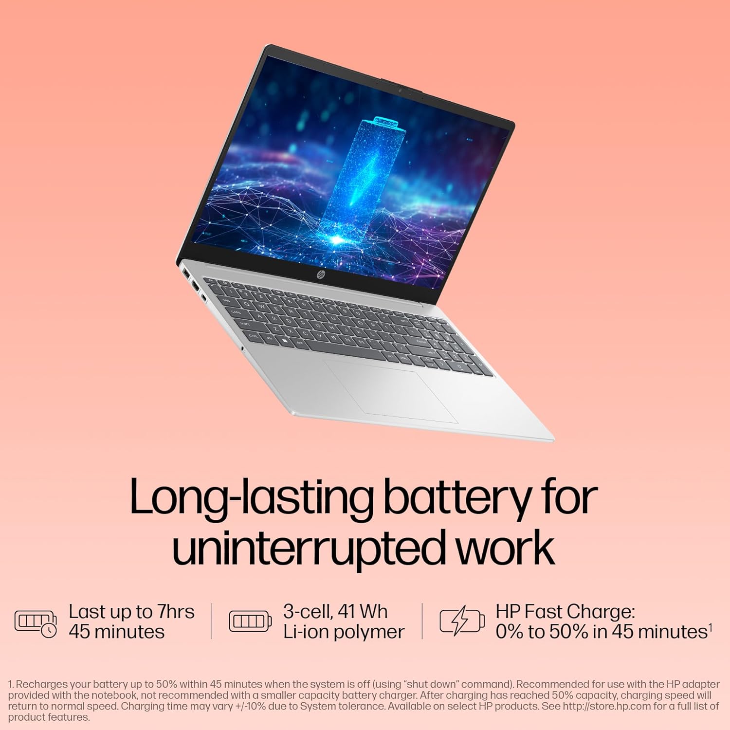 HP 15-fd0467TU laptop silver with long-lasting battery and fast charge feature on screen