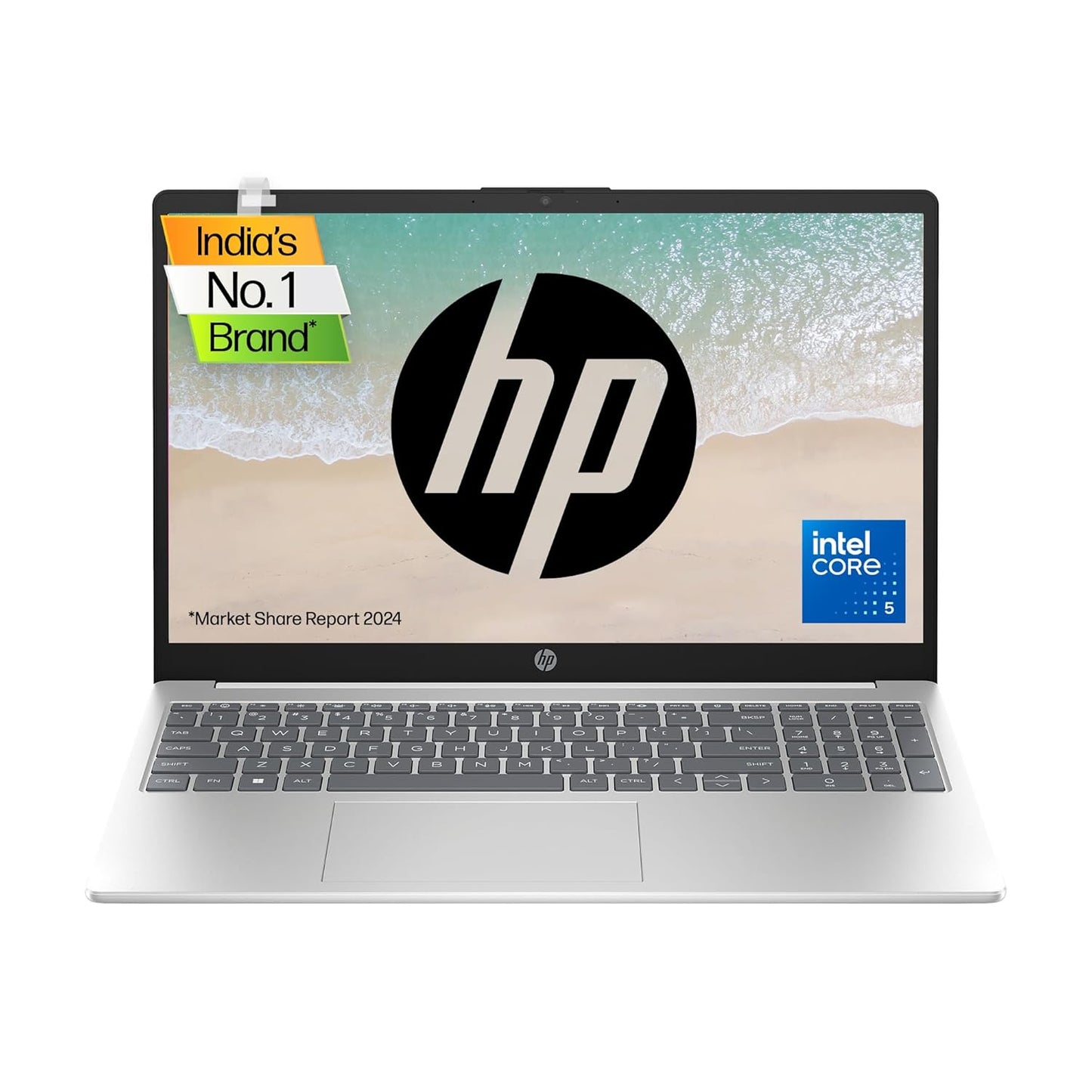 HP 15-fd1097TU laptop with silver body and Intel Core i5 processor displayed on screen