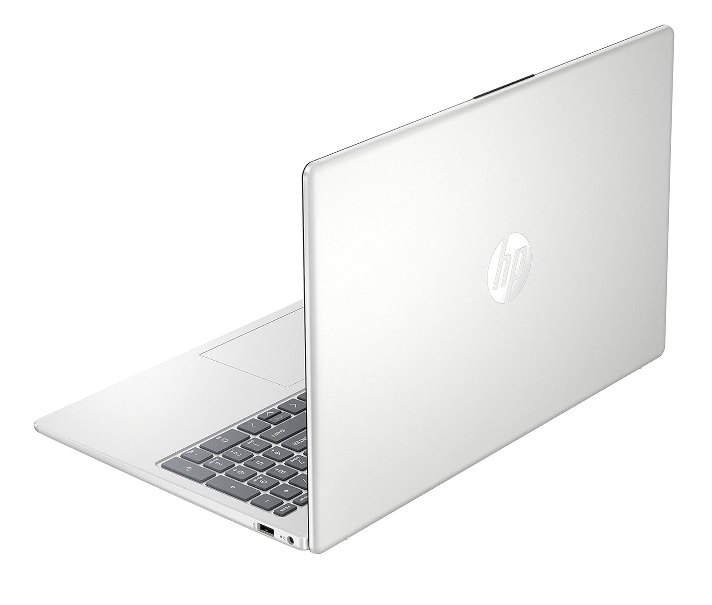 Silver HP 15-fd1100TU laptop partially open showing keyboard and HP logo on lid