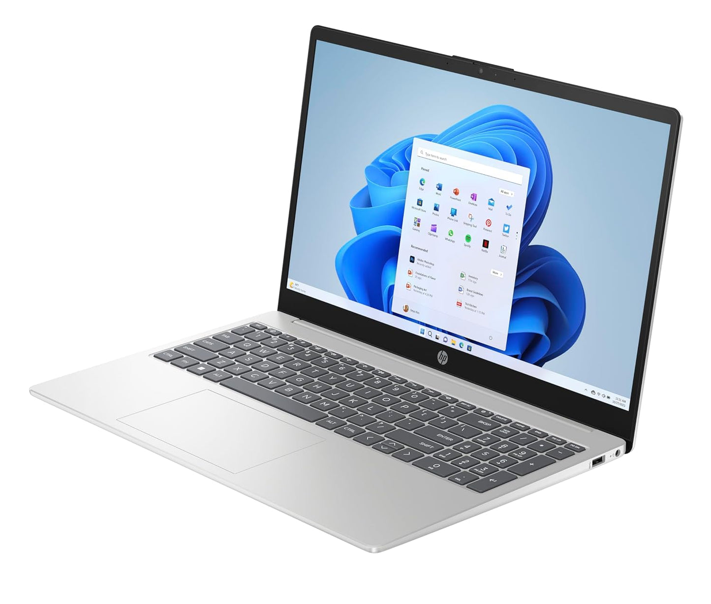 HP 15-fd1100TU laptop with silver body and keyboard displaying Windows 11 home screen